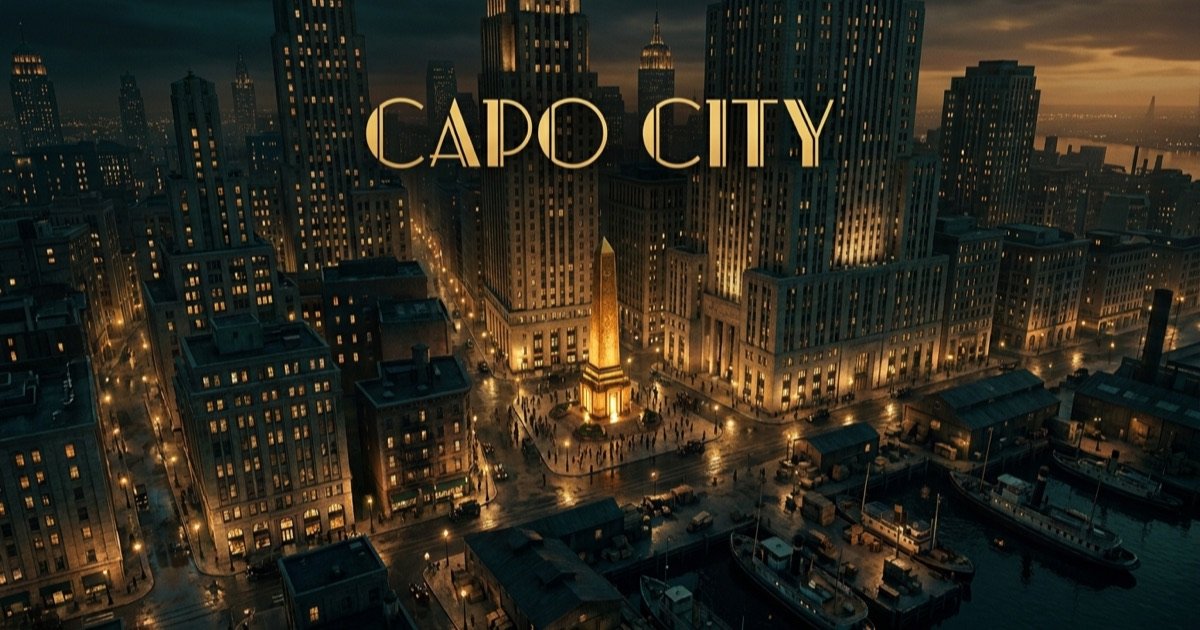 An isometric view of Capo City at dusk
